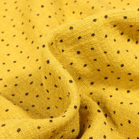 Tissu Coton lavé Petits pois noir sur fond Jaune