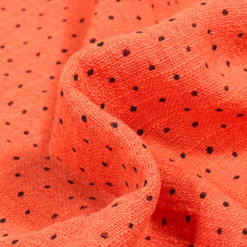 Tissu Coton lavé Petits pois noir sur fond Orange