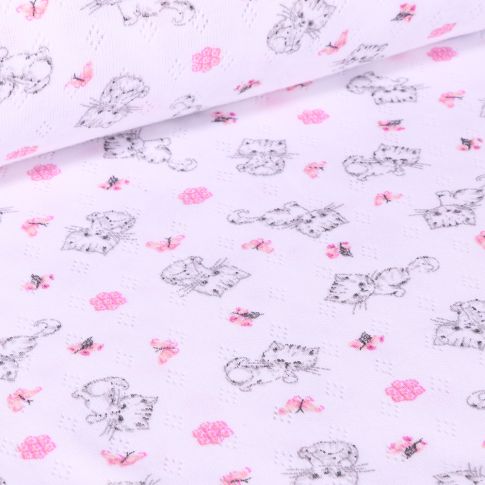 Tissu Jersey ajouré Chatons et papillons sur fond Blanc