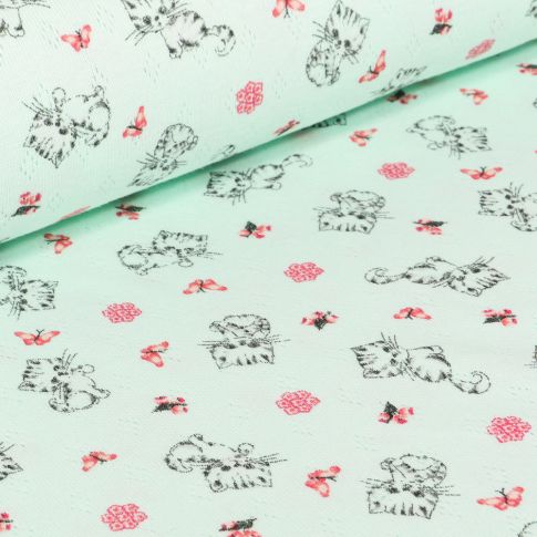 Tissu Jersey ajouré Chatons et papillons sur fond Vert menthe