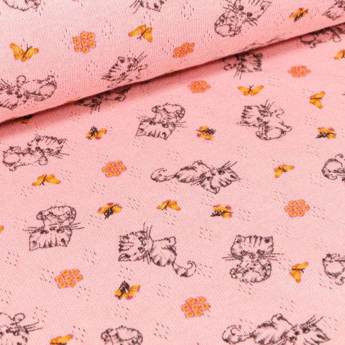 Tissu Jersey ajouré Chatons et papillons sur fond Rose