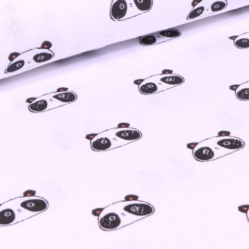 Tissu Jersey ajouré  Têtes de Pandas sur fond Blanc