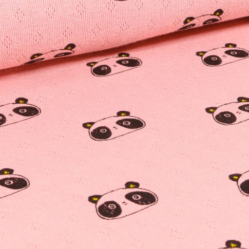 Tissu Jersey ajouré  Têtes de Pandas sur fond Rose