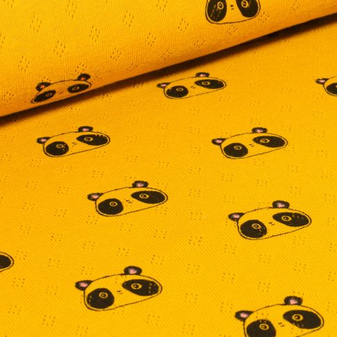 Tissu Jersey ajouré  Têtes de Pandas sur fond Jaune