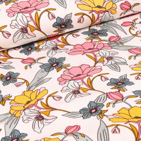 Tissu Viscose Twill extensible Fleurs pastels sur fond Blanc