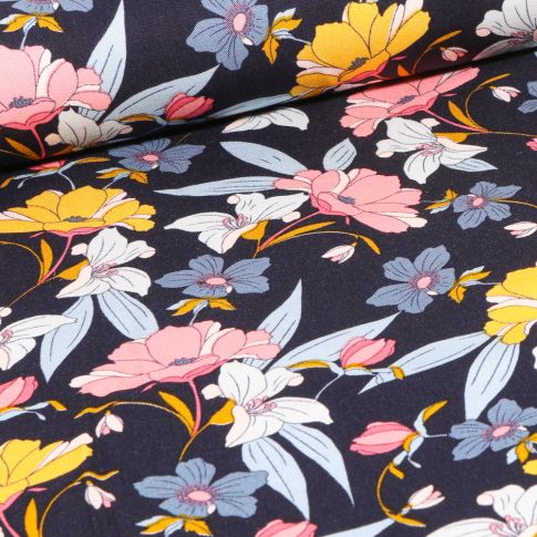 Tissu Viscose Twill extensible Fleurs pastels sur fond Bleu marine