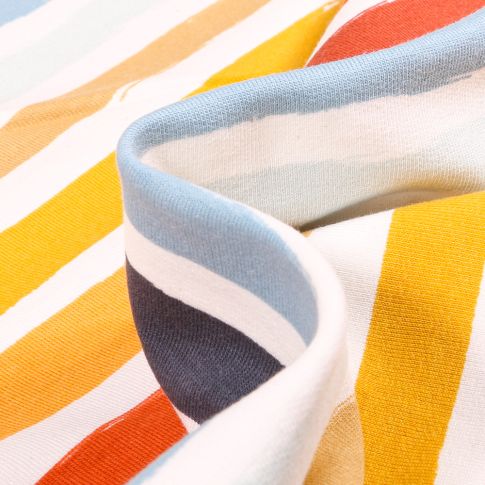Tissu Jersey Coton Rayé jaune bleu orange sur fond Blanc