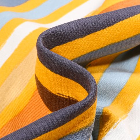 Tissu Jersey Coton Rayé marron bleu sur fond Jaune