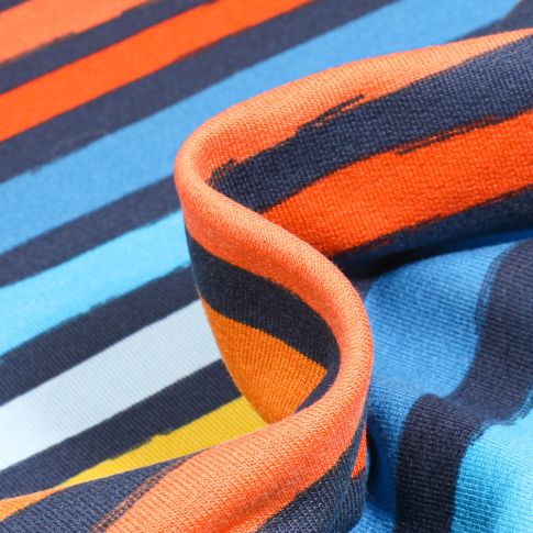 Tissu Jersey Coton Rayé orange bleu jaune sur fond Bleu