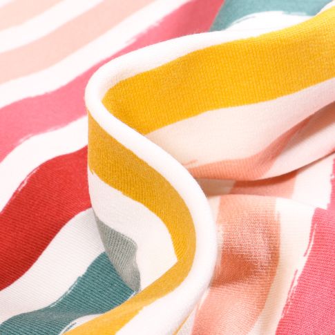 Tissu Jersey Coton Rayé jaune rose rouge sur fond Blanc