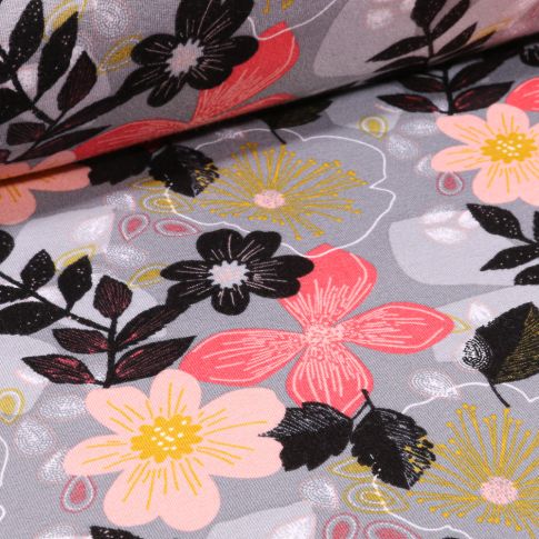 Tissu Jersey Coton envers molletonné Bio Grandes fleurs colorées sur fond Gris