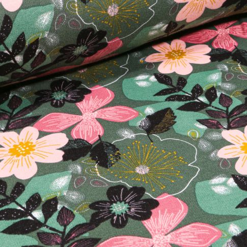 Tissu Jersey Coton envers molletonné Bio Grandes fleurs colorés sur fond Vert foncé