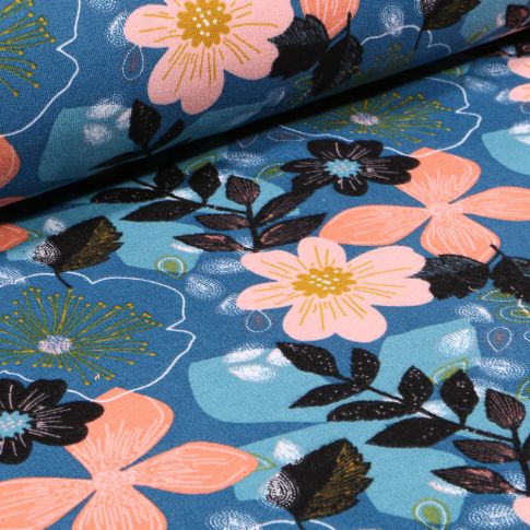 Tissu Jersey Coton envers molletonné Bio Grandes fleurs colorés sur fond Bleu