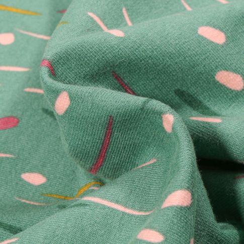 Tissu Jersey Coton envers molletonné Bio Pluie colorée sur fond Vert amande