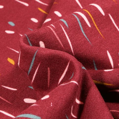 Tissu Jersey Coton envers molletonné Bio Pluie colorée sur fond Bordeaux