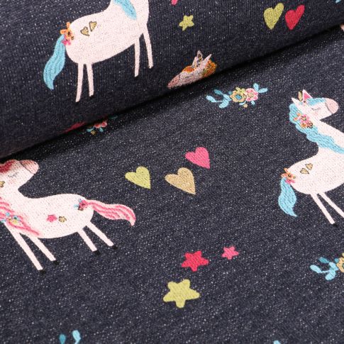Tissu Sweat envers tout doux  Licornes et coeurs sur fond Bleu marine chiné