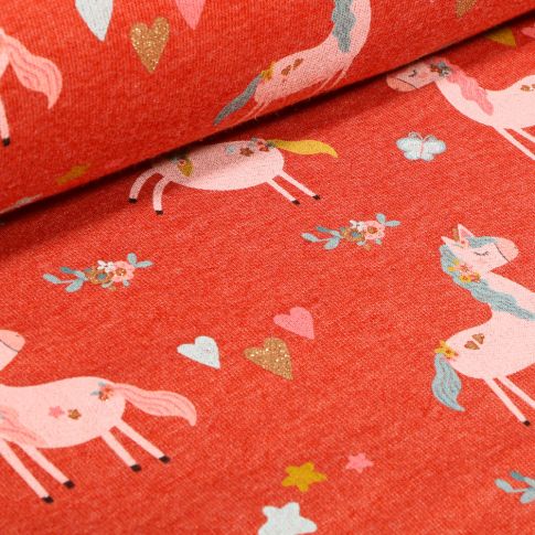 Tissu Sweat envers tout doux  Licornes et coeurs sur fond Orange