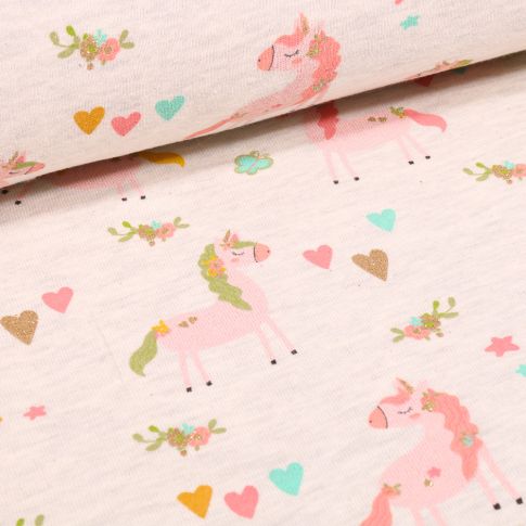 Tissu Sweat envers tout doux  Licornes et coeurs sur fond Beige chiné