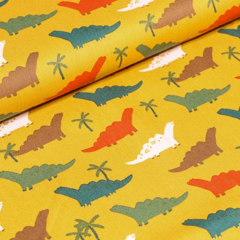 Tissu Coton imprimé LittleBird Dinosaures colorés sur fond Jaune