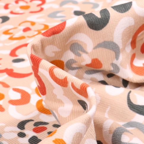 Tissu Velours milleraies Fleurs colorées sur fond Beige