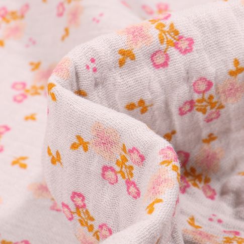 Tissu Double gaze Bio Bouquets de fleurs sur fond Gris clair