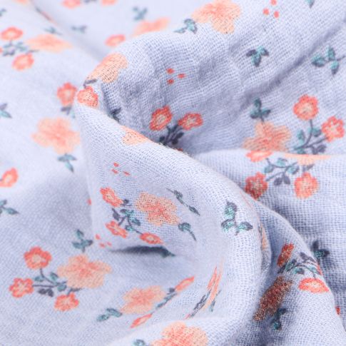 Tissu Double gaze Bio Bouquets de fleurs sur fond Bleu ciel