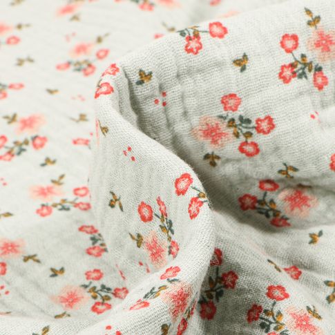 Tissu Double gaze Bio Bouquets de fleurs sur fond Vert menthe clair