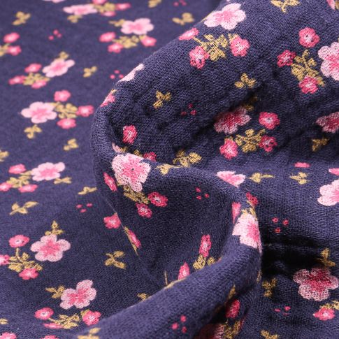 Tissu Double gaze Bio Bouquets de fleurs sur fond Bleu foncé
