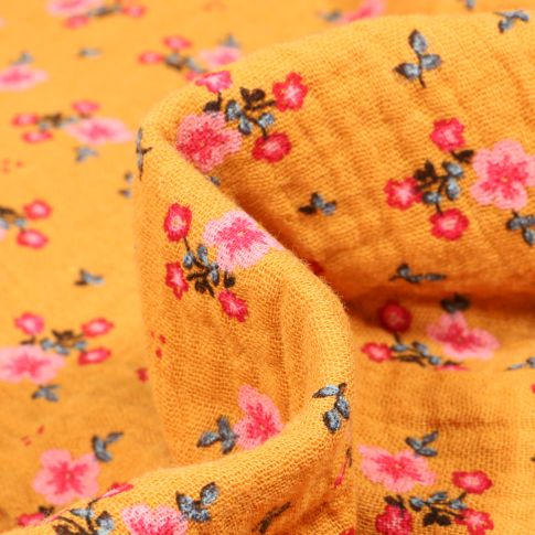 Tissu Double gaze Bio Bouquets de fleurs sur fond Jaune