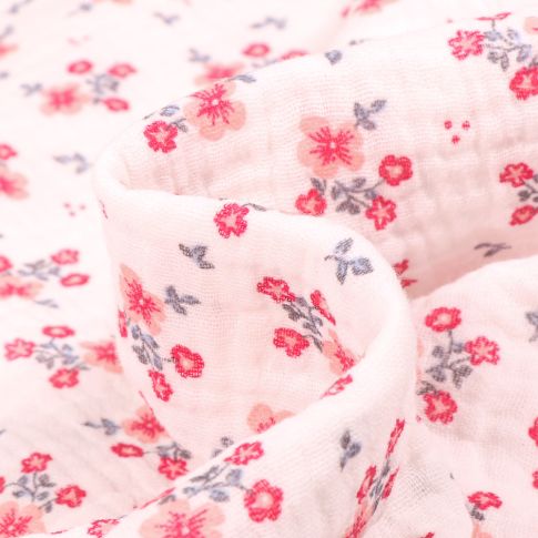 Tissu Double gaze Bio Bouquets de fleurs sur fond Blanc