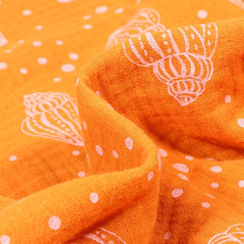 Tissu Double gaze Bio Coquillages et pois sur fond Orange