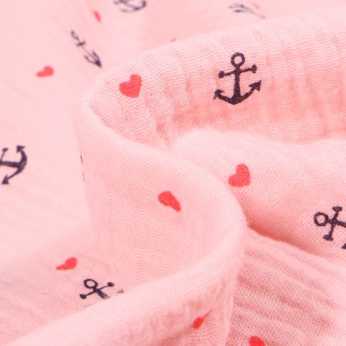 Tissu Double gaze Bio Ancres et coeurs sur fond Rose