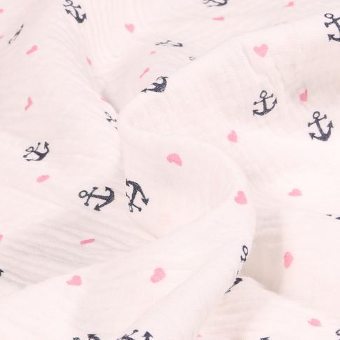 Tissu Double gaze Bio Ancres et coeurs sur fond Blanc