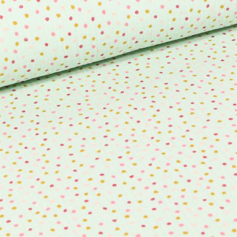 Tissu Double gaze Bio Petits pois multicolores sur fond Vert menthe