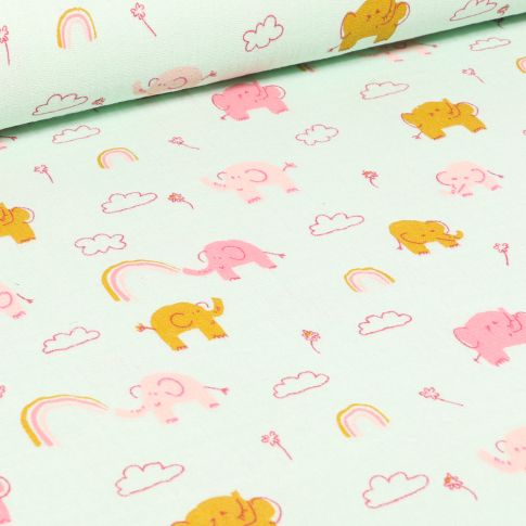 Tissu Double gaze Bio Eléphants et arc en ciel sur fond Vert menthe