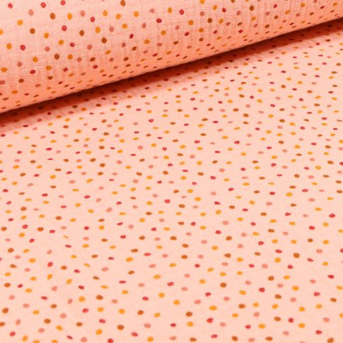 Tissu Double gaze Bio Petits pois multicolores sur fond Rose saumon