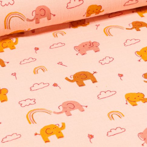 Tissu Double gaze Bio Eléphants et arc en ciel sur fond Rose saumon