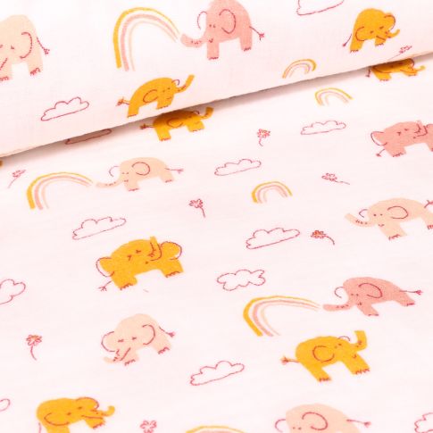 Tissu Double gaze Bio Eléphants et arc en ciel sur fond Blanc cassé