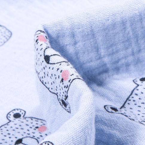 Tissu Double gaze Bio Tête d'ours sur fond Bleu ciel