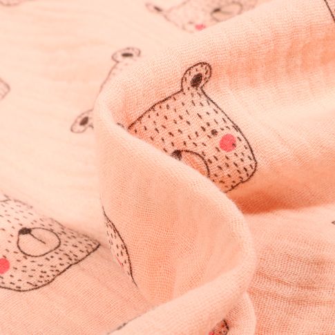 Tissu Double gaze Bio Tête d'ours sur fond Saumon