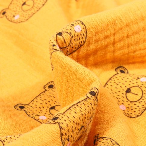 Tissu Double gaze Bio Tête d'ours sur fond Jaune