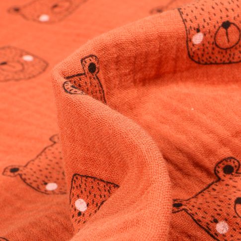 Tissu Double gaze Bio Tête d'ours sur fond Orange