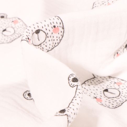 Tissu Double gaze Bio Tête d'ours sur fond Blanc