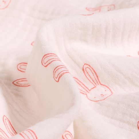 Tissu Double gaze Bio Têtes de lapins sur fond Blanc