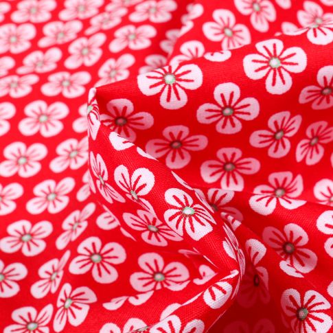 Tissu Coton imprimé Violette blanches sur fond Rouge