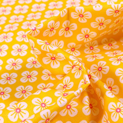 Tissu Coton imprimé Violette blanches sur fond Jaune
