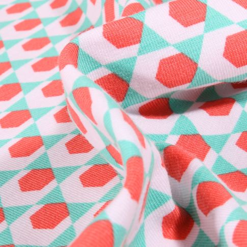 Tissu Jersey Coton Bio Hexagone rouge sur fond Blanc