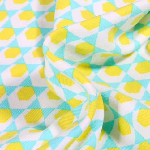 Tissu Jersey Coton Bio Hexagone jaune sur fond Vert menthe