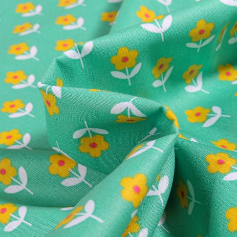 Tissu Coton imprimé LittleBird Flowers sur fond Vert menthe
