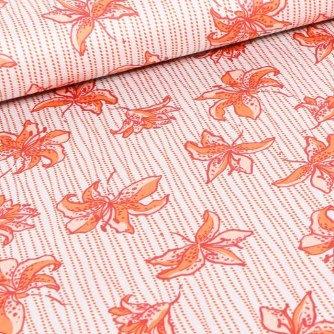 Tissu Satin Fleurs et rayures orange sur fond Blanc